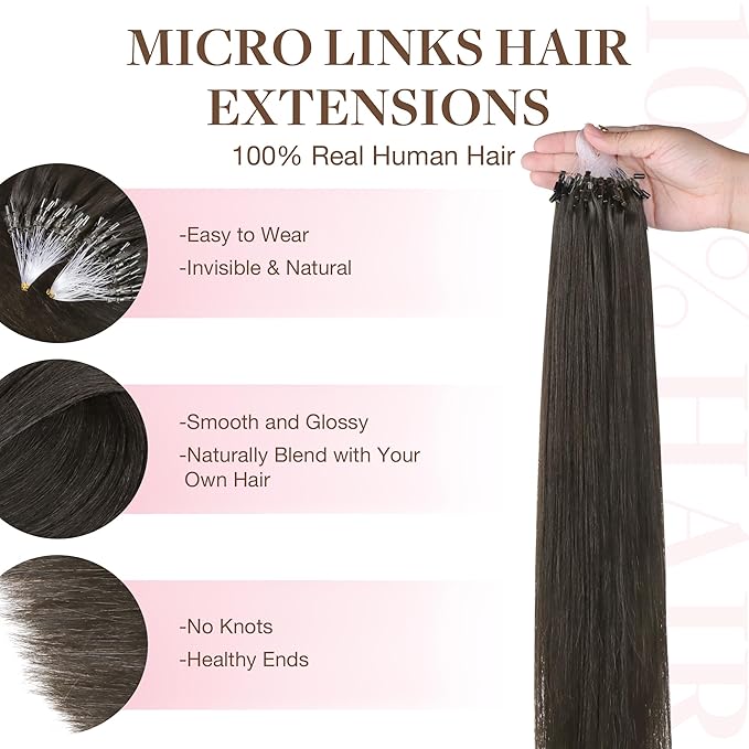GOO GOO Micro Link Tip Hair Extensions Real Human Hair, 22inch 50g 50S, Cold Fusion Micro Link Tip Hair Extensions, Invisible Remy, 1C Mocha Brown