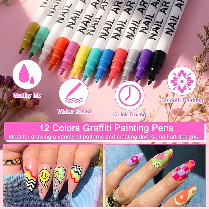 Nail Art Marker Pens, 12 Colors 0.7mm Nail Art Pens Nail for Painting Nail Point Graffiti Dotting Liner Pen for Home Salon Quick Dry Manicure