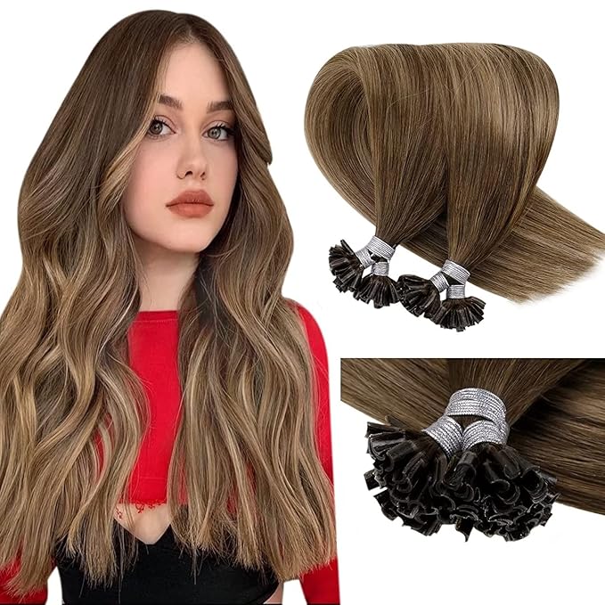 LaaVoo U Tip Hair Extensions Human Hair Balayage Brown K Tip Hair Extensions Real Human Hair Light Brown Mix Golden Brown 14 Inch 50g 50s