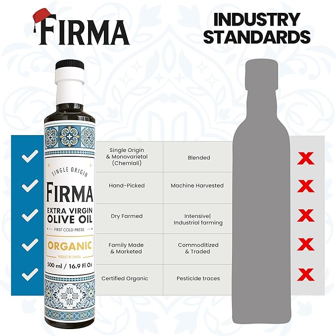 Organic Extra Virgin Olive Oil – Single Origin Chemlali Olives from Tunisia, USDA Certified, Smooth & Buttery, First Cold Press, Hand-Picked, Family Made, Everyday Cooking Oil - 500mL (16.9 oz)