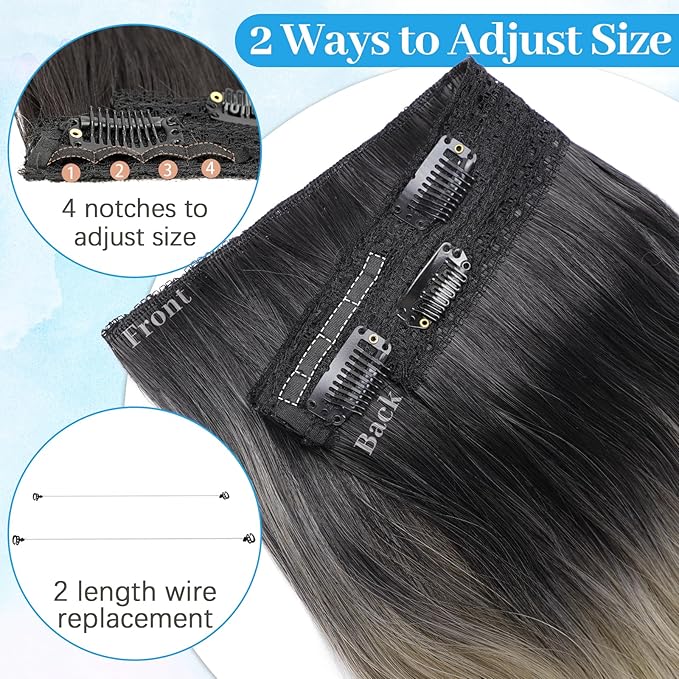 KooKaStyle Invisible Wire Hair Extensions 20"Long Wavy Layered Synthetic Clip in with Adjustable Size 6 Secure Clips Ombre Black to Ash Blonde Natural Soft Thick Hairpieces for Women 20 Inch