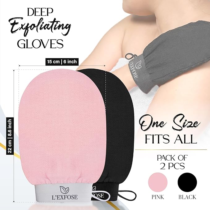L'Exfose Kessa Hammam Deep Exfoliating Glove for Shower - Korean Exfoliating Mitt Body Scrubber Ideal for Dead Skin Remover, Keratosis Pilaris & Self-Tanning (Black & Pink)