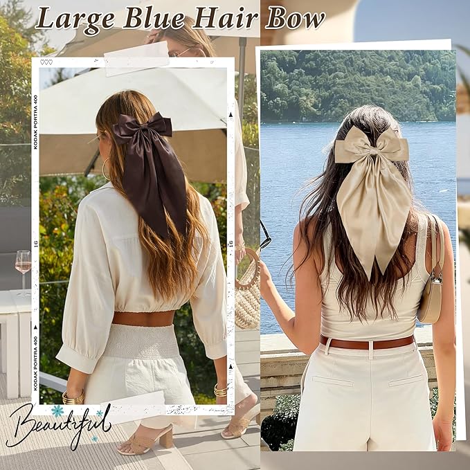 Brown Big Hair Bow for Women - 5Pcs Large Hair Clips for Girls Silky Satin Bows Set, Oversized Long Tail Cute Hair Ribbons Barrettes Aesthetic Hair Accessories Hairbows Gifts
