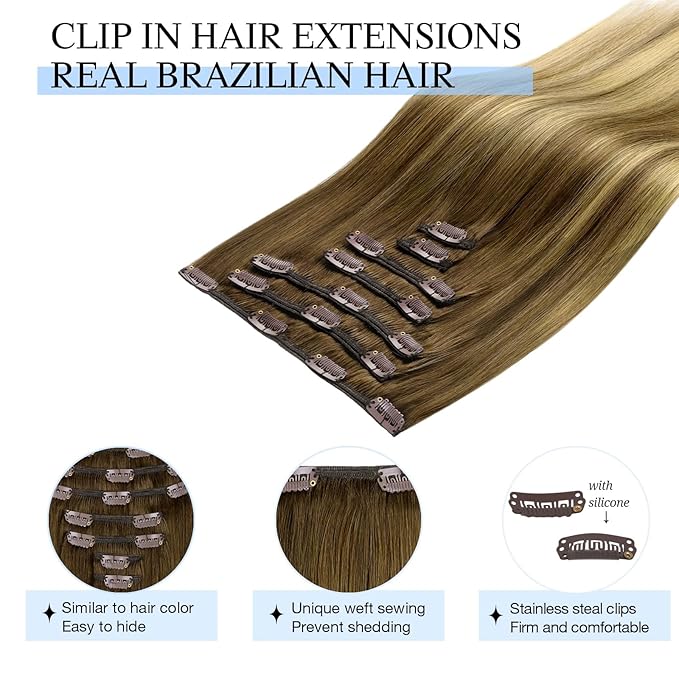 DOORES Remy Human Hair Extensions Clip in, Medium Brown Highlighted Dirty Blonde 22 Inch 7pcs 120g, Clip in Hair Extensions Real Natural Hair Extensions Straight Thick