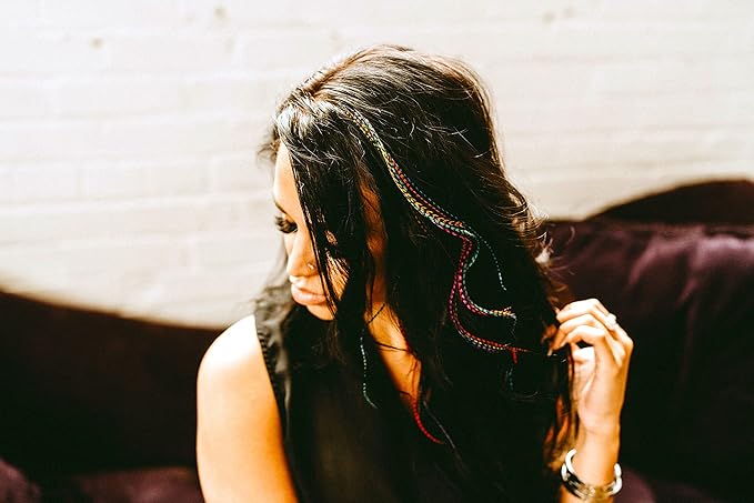 21 Rainbow Grizzly Color Hair Extensions – 9”–14” Long – DIY Rooster Kit with 20 Micro-Link Beads – 100% Real Feathers – Eye-Catching Boho Style