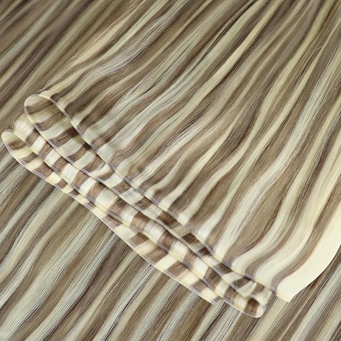 Fshine Hand Tied Weft Hair Extensions Human Hair Brown to Blonde Weft Extensions Real Human Thick Ombre Sew in Straight Remy for Women 20 Inch 60g