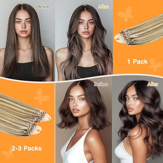 DOORES Micro Ring Hair Extensions Human Hair, Ash Brown to Platinum Blonde 24 Inch 50g/50s, Long Straight Micro Link Hair Extensions Human Hair