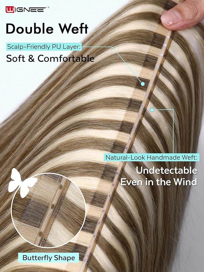 WIGNEE OVO 18 Inch Butterfly Invisible Weft Hair Extensions Human Hair, 1PC 50g Double Layer 13 Inch Wide Seamless Cuttable Blended Blonde with Micro Beads, Glueless Install for Thin Hair Volume