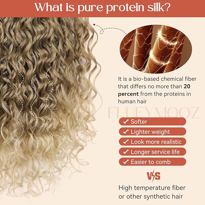 FLUFYMOOZ Clip in Hair Extensions, 18'' 4PC 100％ Pure Protein Silk Curly Hair extension for Women Lace Weft Hairpiece Natural Soft and comfortable for Daily Use-Dark Blonde to Light Brown