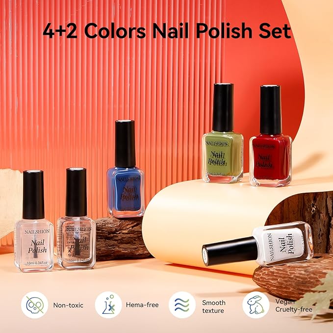 Nail Polish Set with Base & Top Coat, Rich in Castor Oil, Red Green Blue White French Nail Polishes for All Seasons, Quick Dry, Vegan,Hema-free, Non-Gel, DIY Nails Art Gift for Women