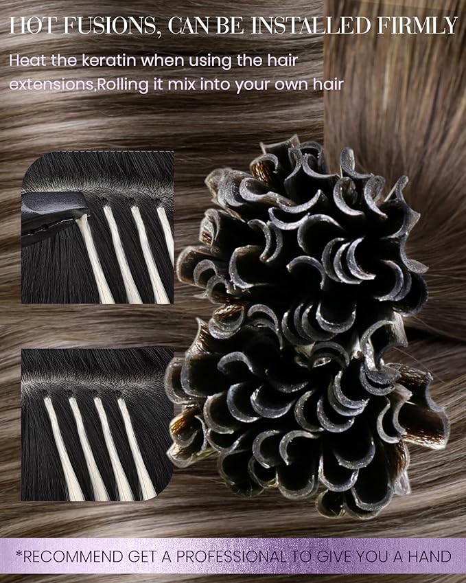 LaaVoo U Tip Hair Extensions Human Hair Dark Brown Mix Ash Brown K Tip Hair Extensions Hot Fusion Balayage 50g/s 20 Inch