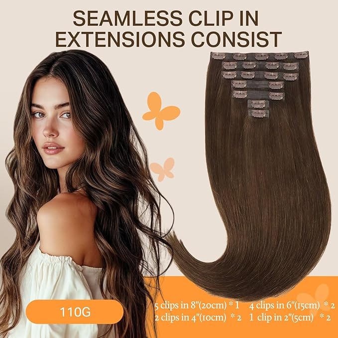 DOORES Seamless Clip-in Hair Extensions, Chocolate Brown 24 Inch 120g 7pcs, Remy Human Hair Natural Straight Invisi Edge Extensions