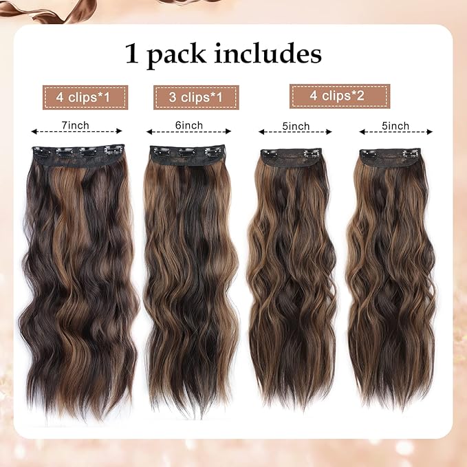 Highlight Clip In Hair Extensions 24 inch Dark Brown for Women Synthetic Clip in Long Wavy Hair Extension Double Weft Hairpieces Full Head For Women (24INCH, H2/426)