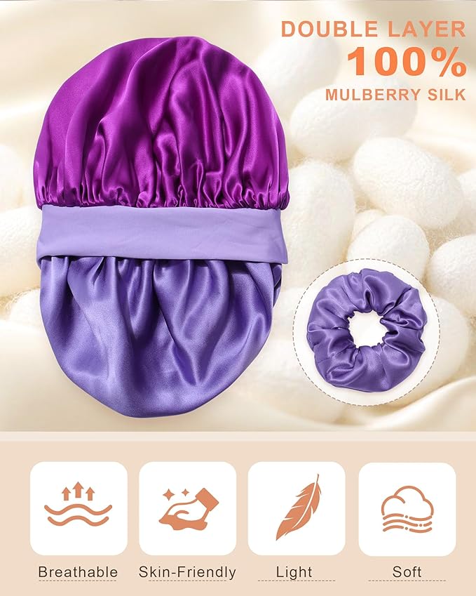 Mulberry Silk Bonnet Sleeping Women Curly Hair Bonnets Tie Band Double Layer Reversible Sleep Bonnet Silk Hair Wrap Sleep Cap