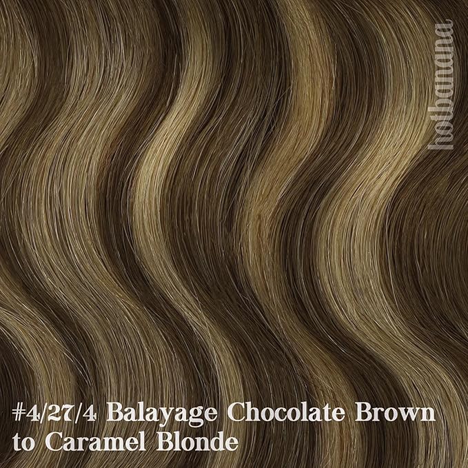 HOTBANANA Human Hair Clip in Hair Extensions, Balayage Chocolate Brown Mixed Caramel Blonde 120g Clip in Hair Extensions Real Human Hair Straight Remy Hair Clip Ins Dark Roots Ombre 14 Inch 7pcs