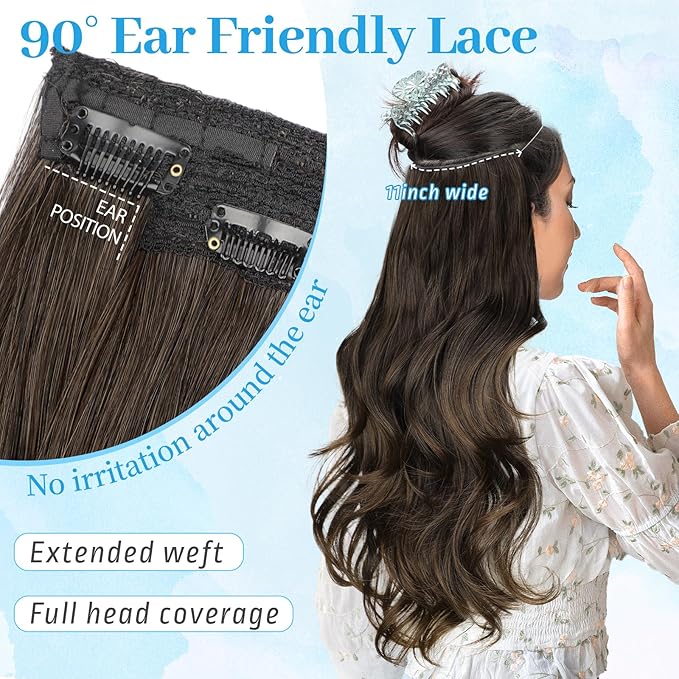 KooKaStyle Invisible Wire Hair Extensions 20"Long Wavy Layered Synthetic Clip in with Transparent Wire Adjustable Size 6 Secure Clips Dark Walnut Brown Thick Hairpieces for Women 20 Inch