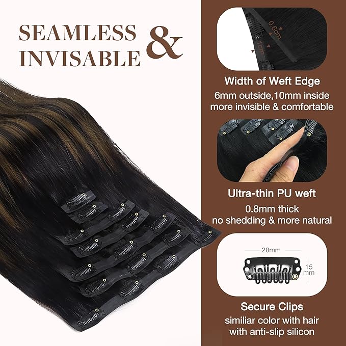 GOO GOO Clip in Hair Extensions Real Human Hair, Remy Human Hair Extensions Clip ins for Women, Natural Human Hair, 18inch 130g 7Pcs, 1B/6/1B Balayage Natural Black to Chestnut Brown