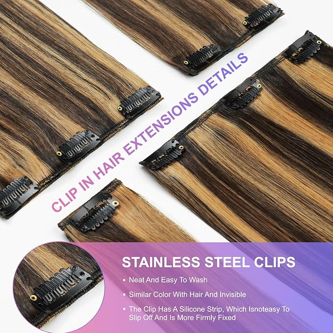 Clip in Hair Extensions Real Human Hair, 22 Inch 105g, 2p6 Balayage Highlight Chestnut Brown, Invisible Seamless Straight Remy Human Hair Clip in Extensions for Women 8pcs Per Set with Double Weft