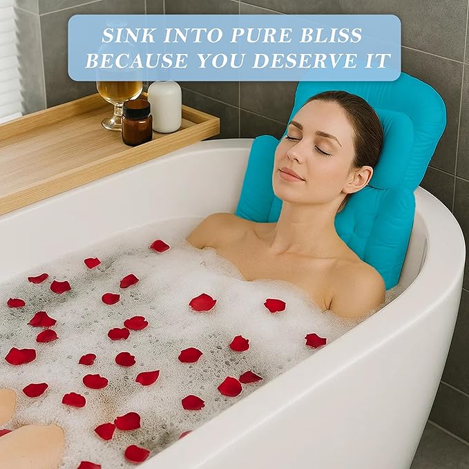 Bath Pillow for Tub | 4D Air Mesh Fabric - Plush Bathtub Pillow for Neck & Back Support, Hot Tub Pillow with 6 Non-Slip Suction Cups | Spa Pillow for Relaxation and Comfort (White). (Full Body Blue)