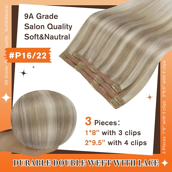 Full Shine Human Hair Clip in Extensions Golden Blonde Highlights Medium Blonde Seamless Hair Extensions Clip in Blonde Invisible Clip ins Natural 18 Inch 3 PCS 60 G