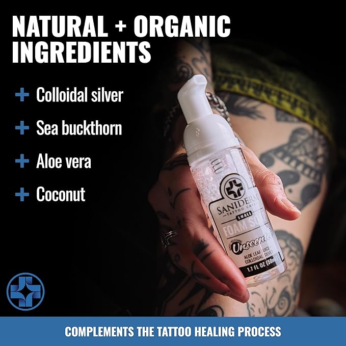 Saniderm Foaming Tattoo Soap (1.7oz Travel Size) – Gentle Soap for Tattooed Skin, Infused with Antimicrobial Colloidal Silver, Aloe Vera, and Nourishing Sea Buckthorn Oil