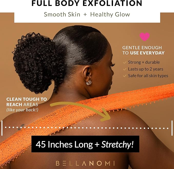 BELLANOMI 4 Piece African Exfoliating Net Sponge Long African Bath Sponge, Authentic Ethically Sourced from Nigeria, Great for Daily Use (Key Lime, Yellow, Orange, Lemon)