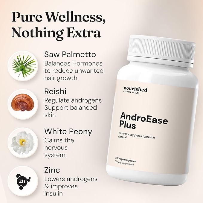 Nourished AndroEase Plus Double Strength – Vegan Hormone Balance for Women – Zinc, Reishi, Green Tea and Saw Palmetto – for Energy, Vitality, Facial Hair and Daily Wellness – 30 Capsules, Made in USA