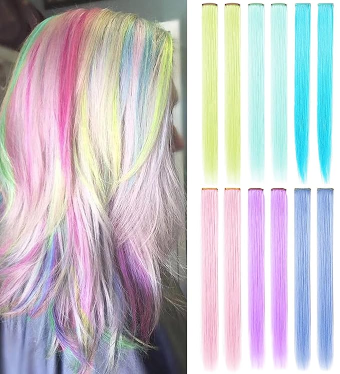 12 PCS 20 inch Light Colors Wig Pieces Colorful Party Highlights Clip in Coloured Hair Extensions Multicolors Straight Synthetic Hairpieces for Woman Girls Hair Accessories