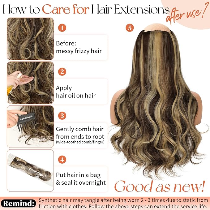 Kookastyle Clip in Hair Extensions 4 pcs Natural Long Synthetic Curly Hairpieces Layered Soft Invisible for Women Balayage Medium Brown to Golden Blonde 20 Inch