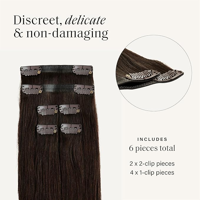 Luxy 100% Remy Human Hair Extensions for Thin Hair Thinning Hair Fill-Ins – 6 Seamless Wefts Multi-Dimensional Color Blend - Natural-Looking Volume & Coverage 80 grams 16" Dark Brown Thinning