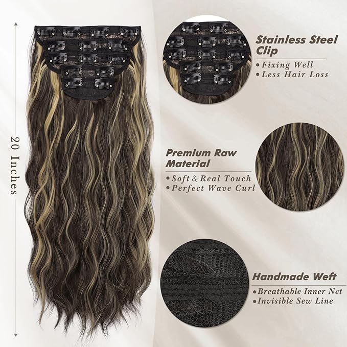 BARSDAR Wavy Clip in Hair Extensions - 20 Inch Highlight Hair Extensions Clip in for Women - 5PCs Thick Soft Synthetic Loose Wavy Clip in Hairpieces – Chocolate Brown with Highlights