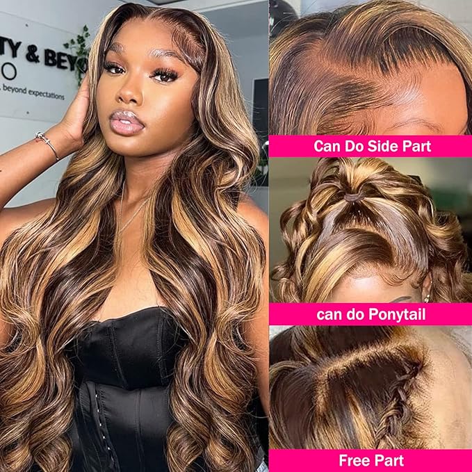 Aicrelery 30 Inch Highlight 13x6 Lace Front Wigs Human Hair Ombre P4/27 Colored Honey Blonde Frontal Wigs Pre Plucked with Baby Hair 180% Density Ombre Body Wave Human Hair Lace Frontal wig for Women
