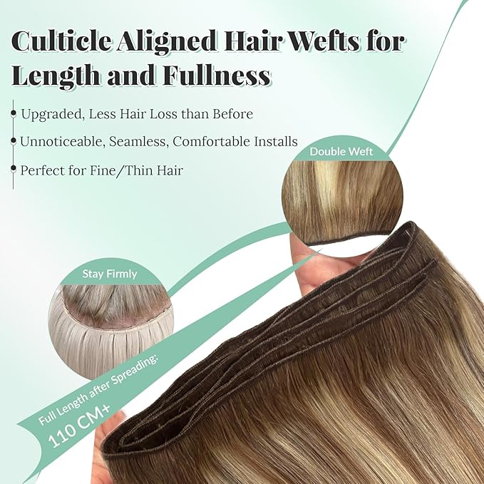 Sew in Hair Extensions Brown Balayage Blonde Weft Hair Extensions Real Human Hair Hand Tied Straight Ash Brown and Blonde Highlight Ombre Human Hair Weft Bundles Sew in 16 Inch 100G
