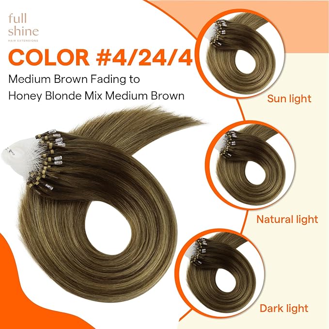 Full Shine Micro Link Hair Extensions Medium Brown to Blonde and Brown Microloop Human Hair Extensions 14 Inch Prebonded Extensions Soft Real Human Hair 50G with 7G Micro Beads