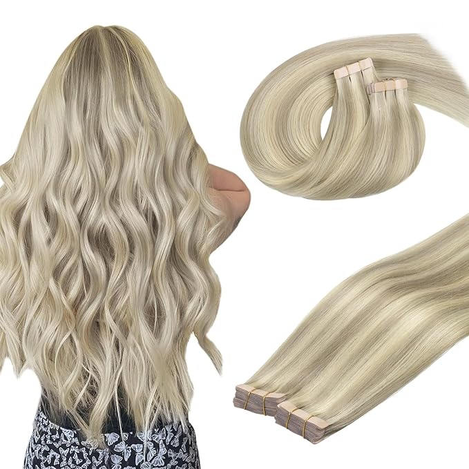 DOORES Human Hair Extensions, Ash Blonde Highlighted Platinum Blonde 10 Inch 60g 40pcs, Tape in Hair Extensions Straight Remy Hair Extensions Skin Weft Double Side Tape