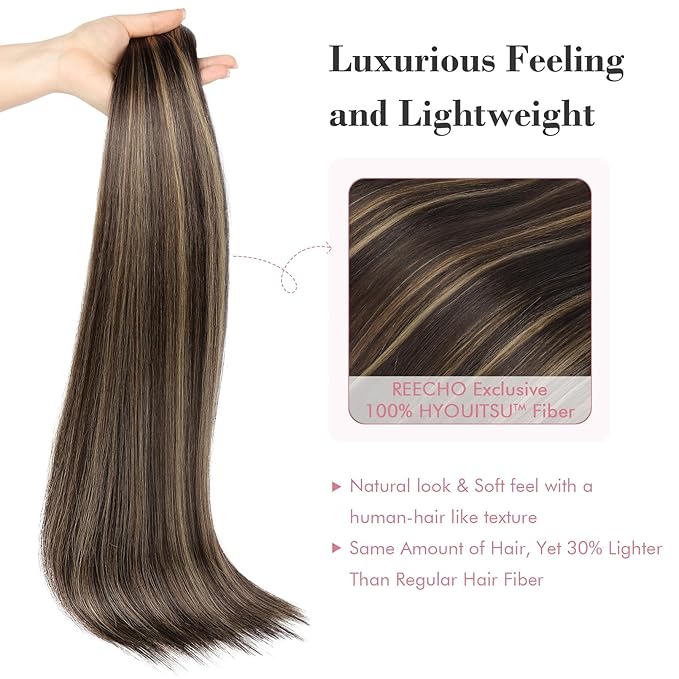 REECHO Clip in Hair Extensions, Hair Extensions Thick Long Lace Weft Lightweight Synthetic Hairpieces for Women (24 Inch-240 Gram(Pack of 5), Dark Brown with Highlights)