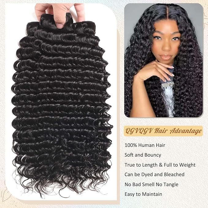 Brazilian Deep Wave Human Hair Bundles 20 22 24 26 Inch 12A Grade 100% Unprocessed Virgin Remy Deep Curly Human Hair Wet and Wavy Extensions 4 Pcs Deep Wave Bundles