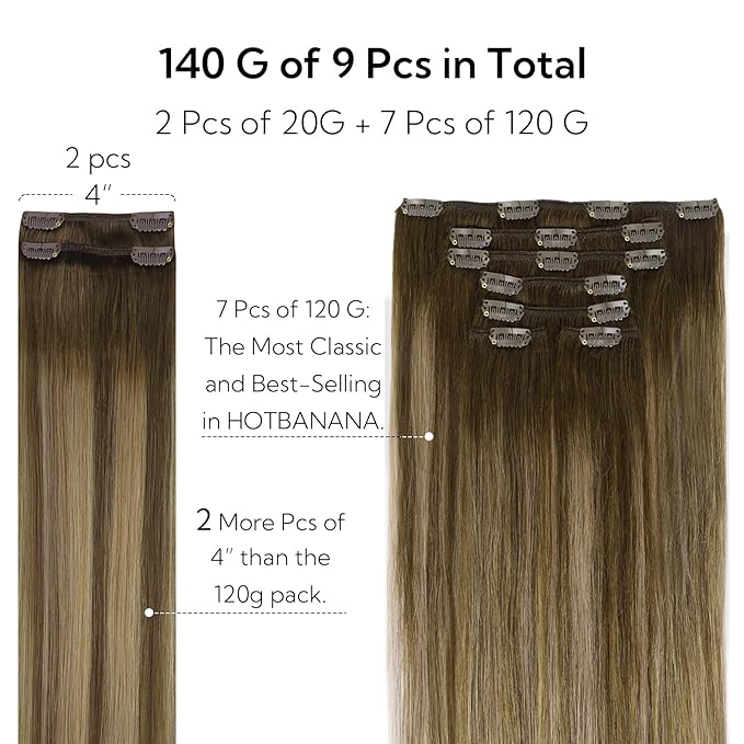 HOTBANANA Clip in Hair Extensions Real Human Hair, 150g 9pcs 20 inch Balayage Chocolate Brown to Caramel Blonde Straight Remy Clip in Extensions Full Head for Women
