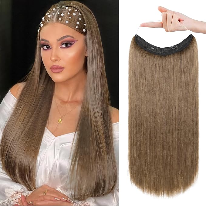 REECHO Invisible Wire Hair Extensions with Transparent Headband Adjustable Size Removable Secure Clips in Straight Secret Hairpiece for Women - 24 Inch, Light Brown