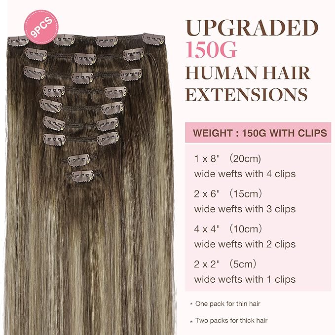 GOO GOO Clip in Hair Extensions Real Human Hair, Remy Human Hair Extensions Clip ins for Women, Natural Human Hair, 16inch 150g 9Pcs, 4/26/4 Balayage Chocolate Brown to Honey Blonde