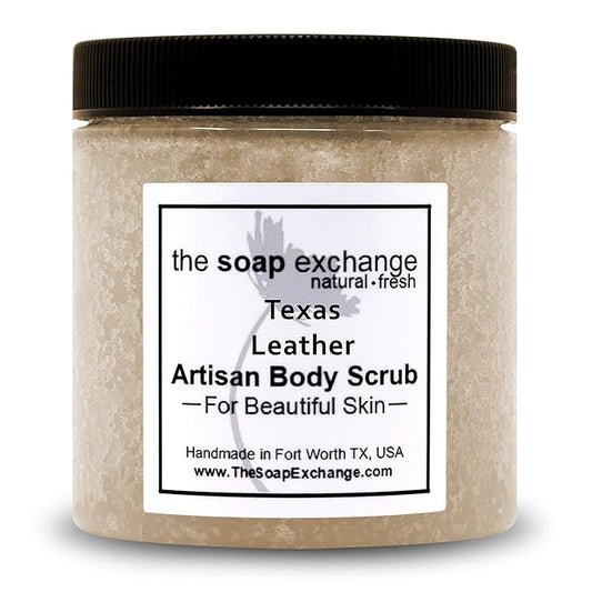 The Soap Exchange Sugar Body Scrub - Texas Leather Scent - Hand Crafted 16 fl oz / 480 ml Natural Artisan Skin Care, Shea Butter, Exfoliate, Moisturize, & Protect. Made in the USA.