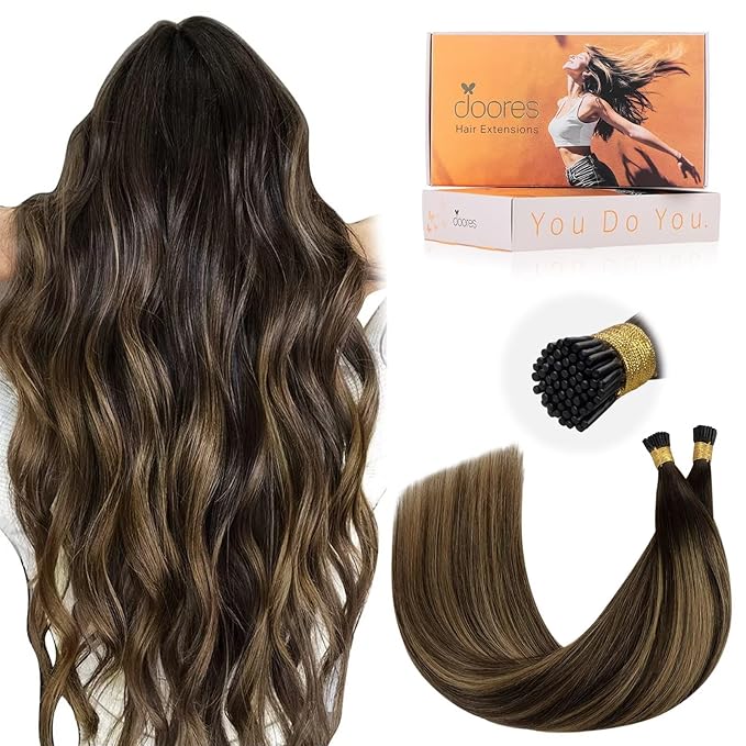 DOORES I Tip Hair Extensions Real Human Hair, 20 Inch 100g/100s Balayage Dark Brown to Chestnut Brown, Itips Extensions Cold Fusion