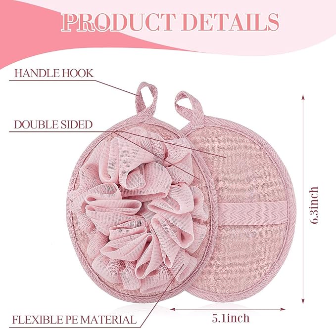 Boao 3 Pcs Bath Shower Pouf Sponge Mesh Pouf Shower Ball Exfoliating Body Sponge Pad Scrubber Glove with Flower Bath Ball (Pink)