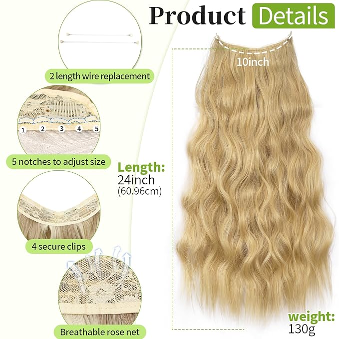KooKaStyle Invisible Wire Hair Extensions with Transparent Wire Adjustable Size Long Wavy Synthetic Hairpiece 15/613#Golden Blonde 24 Inch with 4 Secure Clips for Women