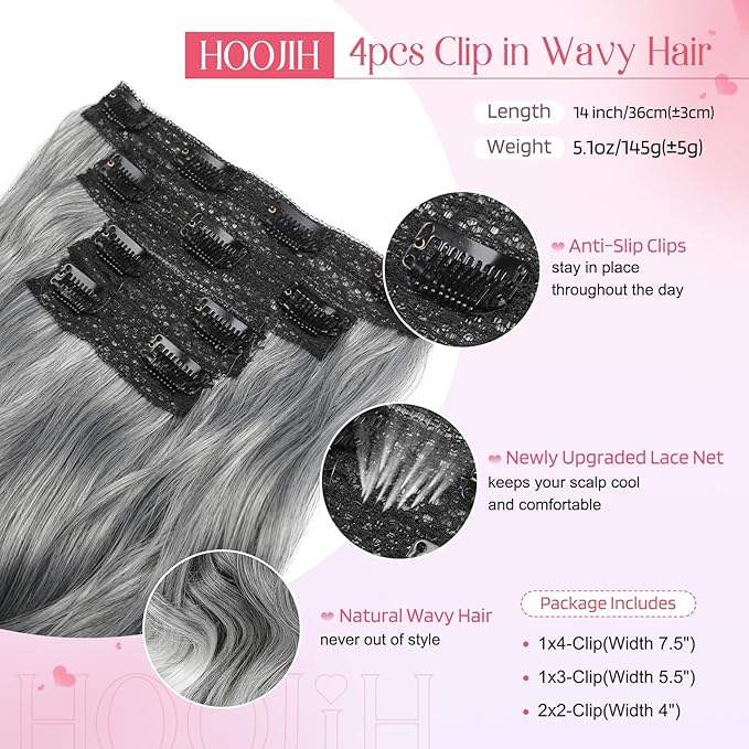 HOOJIH Clip in Hair Extensions 4PCS 14" Short Curly Clip on Hair Extensions Invisible Lace Weft Natural Soft Hairpieces for Women - Grey with White Ends
