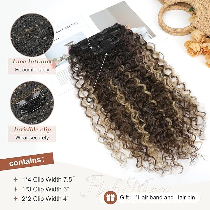 Clip in Hair Extensions, FLUFYMOOZ 4PC 100％ Pure Protein Silk Hair Extensions Long Soft Natural Hairpiece 20 Inch Curly Hair Extension for Women (Medium Brown Ash Blonde Highlight)