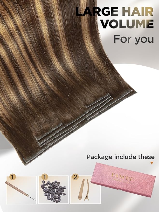 Twin Tab Butterfly Genius Weft Human Hair Extensions Latest Double Invisible Real 100% Remy Human Hair OVO Weft with Micro Bead Simulated Scalp Hair Extensions 100g 7ps 18 Inch Brown Highlight