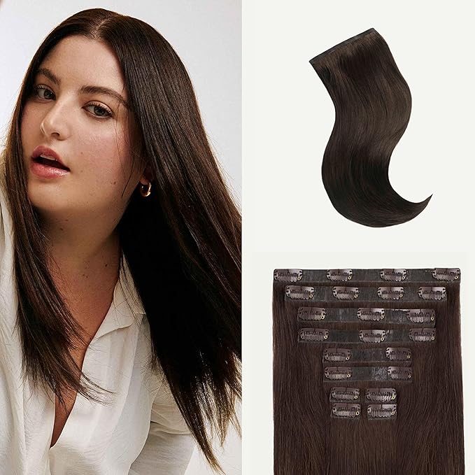 Luxy 100% Remy Human Hair - Seamless Clip-In Hair Extensions - Multi-Dimensional Color for Natural Blending, Adds Volume & Length 180 grams 20" Dark Brown Seamless