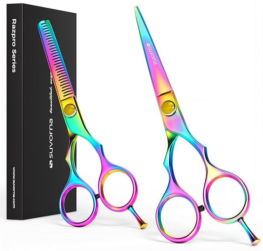 Suvorna 5.5" Hair Cutting Scissors Professional with Thinning Shears, Right-Hand Professional Hair Scissors, Barber Shears, hair shears, 2 Pcs Hair Cutting Shears - tijeras de peluqueria profesional.