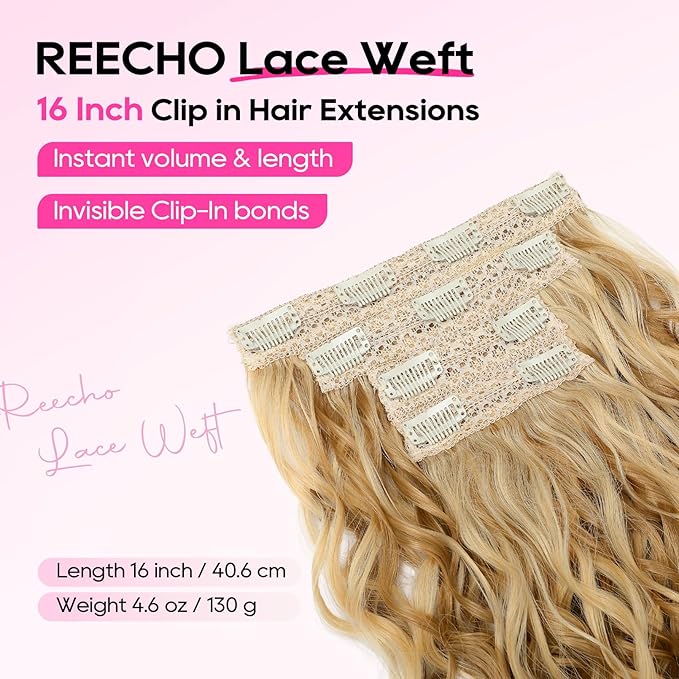 REECHO Curly Hair Extensions, 4PCS 16 inch Clip in Hair Extensions Lace Weft Short Curly Extension Clip Ins Invisible Natural Hairpieces for Women, Dark Blonde with Highlights